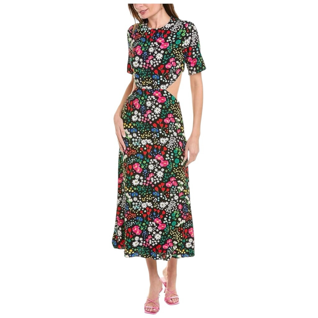 The Kooples Joyful Flowers Side Cut-Out Midi Dress Black Multi Size 3 (Us 8)